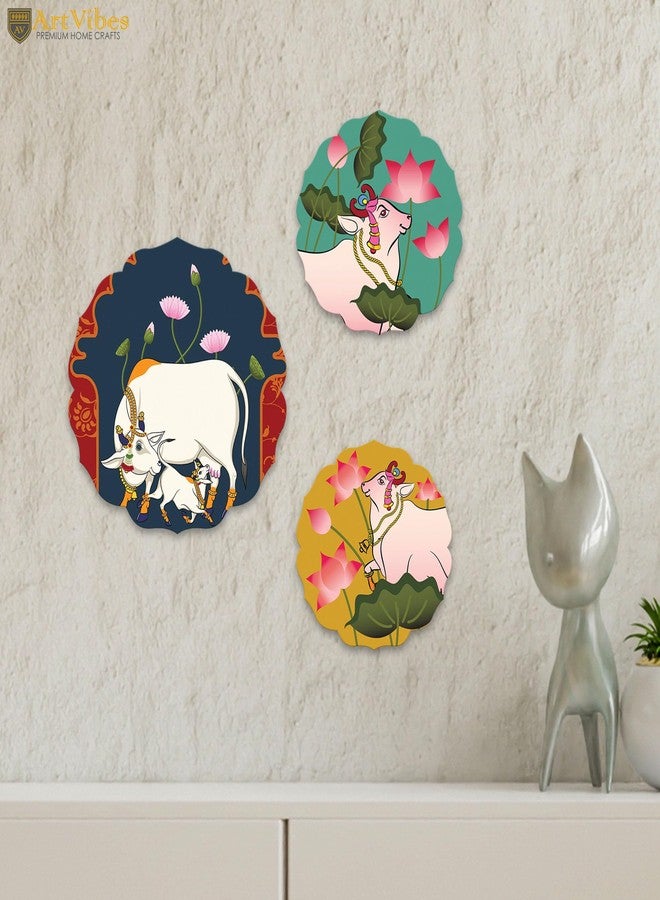 Artvibes Sacred Cow Pichwai Art Round Shape MDF Wooden Wall Decor Items | Living Room | Handcrafted Art | Wall Poster | Aesthetic Wooden Decor | Art Print | Unique Gift Items (WH_8814N), Set of 3 - Image 3